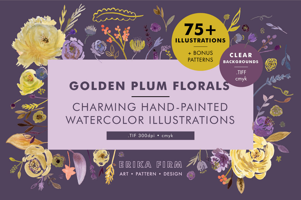 Golden Plum Watercolor Floral Illustrations